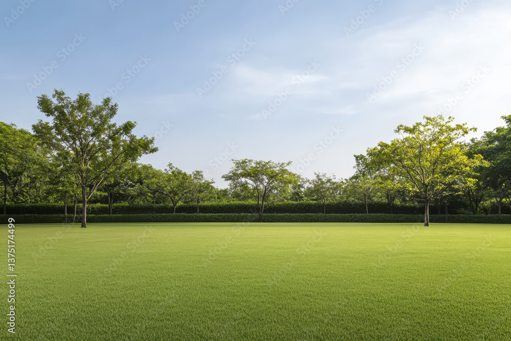 Lush green lawn under a clear blue sky in a tranquil outdoor setting Lush green lawn under a clear blue sky in a tranquil outdoor setting