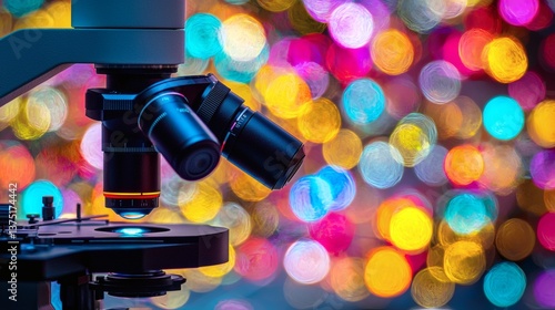 AI powered microscope analyzing cancerous cells under a high-resolution lens medical technology concept Stock Photo with side copy space