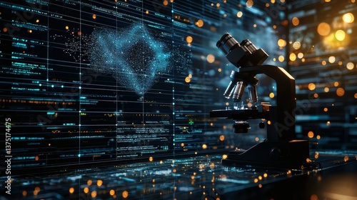 AI powered microscope analyzing cancerous cells under a high-resolution lens medical technology concept Stock Photo with side copy space