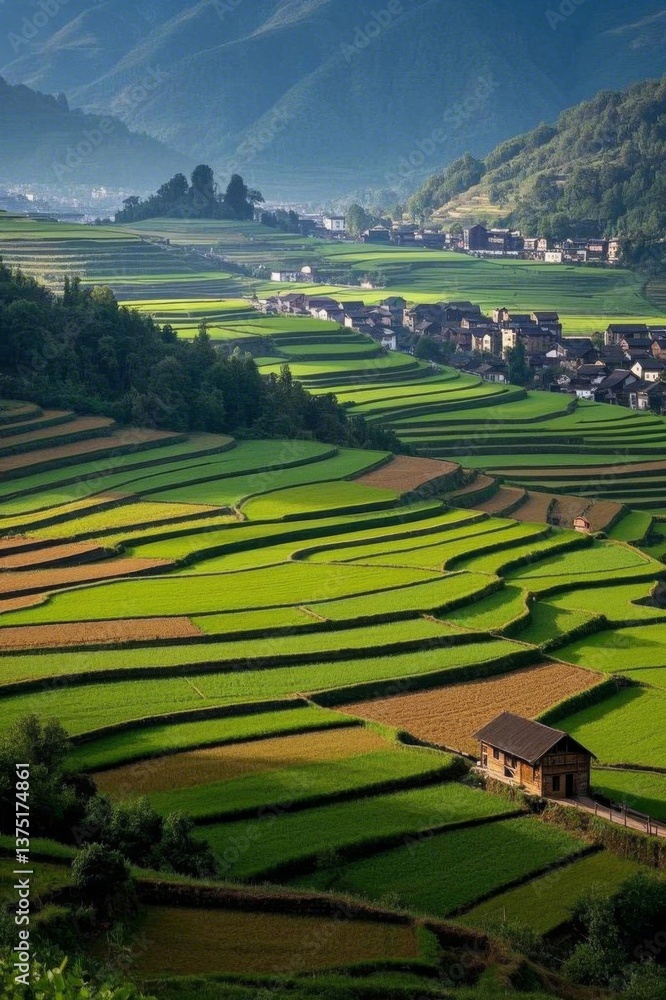 Fototapeta premium arafed fields with a small house in the middle of them