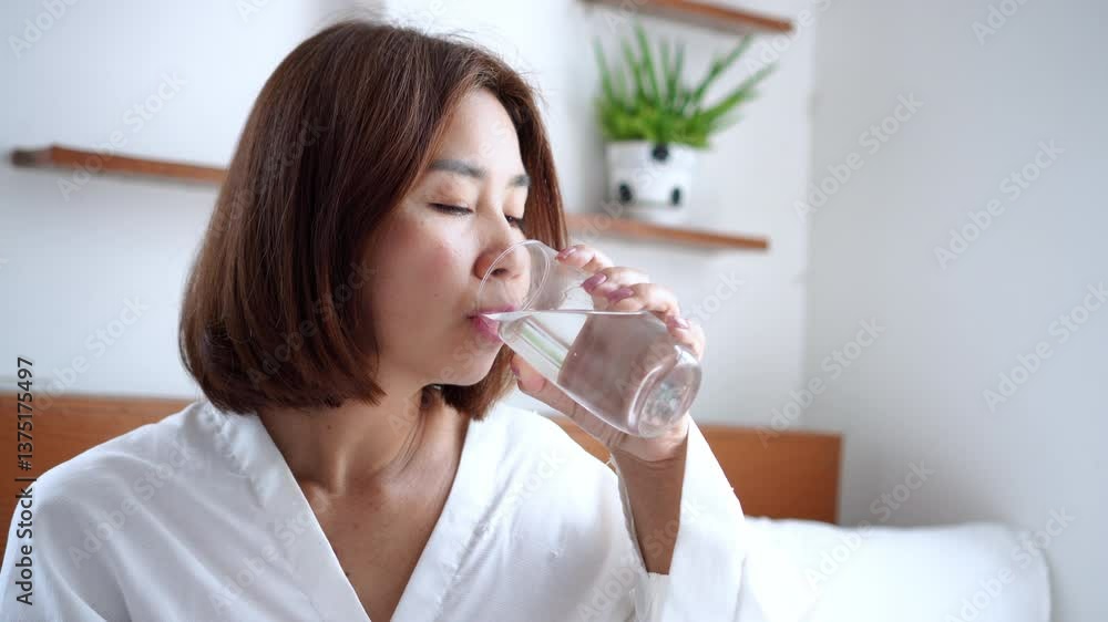 Healthy Asian woman taking a probiotic supplement pill with a glass of water, either before bed or in the morning, to support her wellness Healthy Asian woman taking a probiotic supplement pill with a glass of water, either before bed or in the morning, to support her wellness