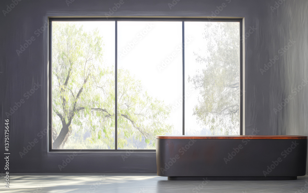 Fototapeta premium Modern interior of a minimalist room with large windows and natural light in the daytime