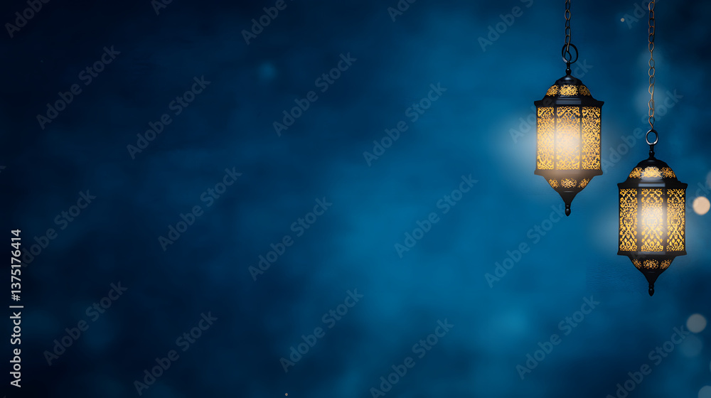 A dark blue background with Islamic patterns and lanterns, creating a mysterious religious atmosphere.
A dark blue background with Islamic patterns and lanterns, creating a mysterious religious atmosphere.