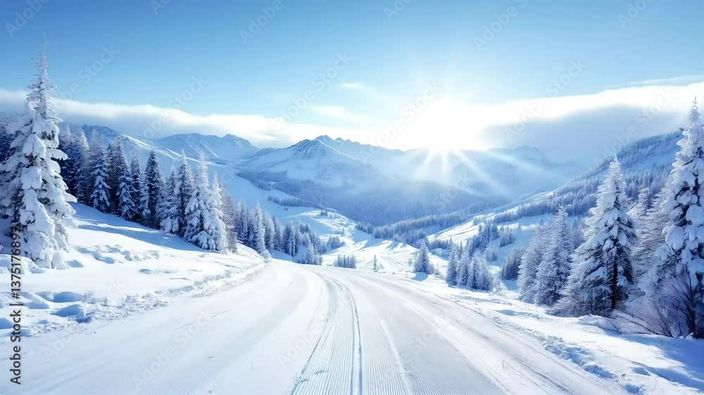 Snowy Austrian Alps ski scene with blue sky over frozen trees Snowy Austrian Alps ski scene with blue sky over frozen trees