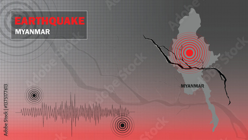 Myanmar 2025.A powerful 7.7 magnitude earthquake has hit Myanmar, with a state of emergency declared and. A graphical statistical map of earthquake for advertisement and news.