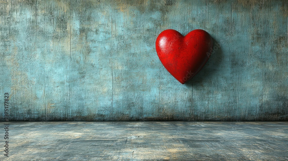 Red Heart on Rustic Blue Wall: A Symbol of Love and Affection Red Heart on Rustic Blue Wall: A Symbol of Love and Affection