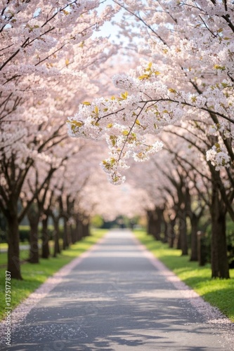a view of a tree lined road with lots of pink flowers