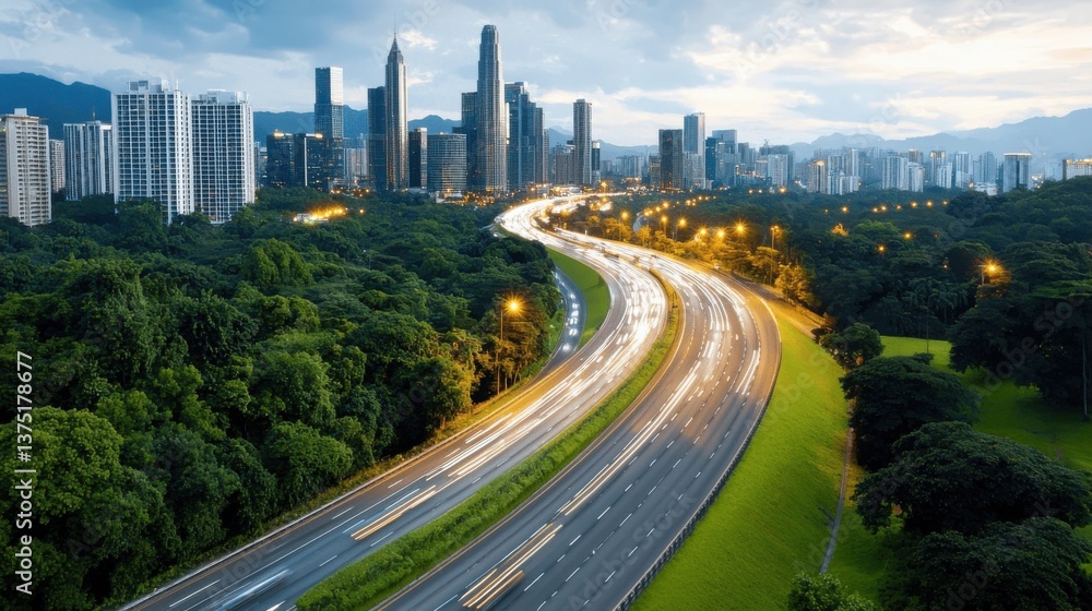 Fototapeta premium Aerial panoramic view of a vibrant modern cityscape with towering skyscrapers winding highway and lush green trees in the foreground This image showcases the dynamic urban landscape infrastructure