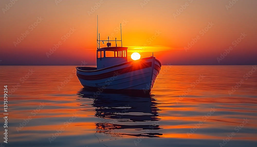 Fishing Boat at Sunset on Calm Ocean Water Fishing Boat at Sunset on Calm Ocean Water