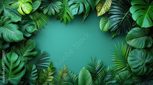 Lush verdant tropical leaves forming a natural frame against a vivid green background  Exotic dense foliage creates a scenic botanical backdrop perfect for nature ecology or environmental concepts