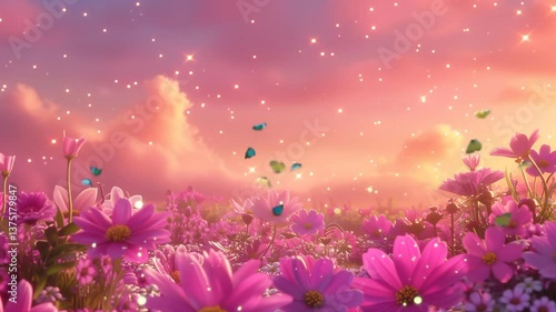 Purple and pink flowers bloom in gentle sunset field under glowing clouds with floating butterflies and magical sparkles. Nature concept
