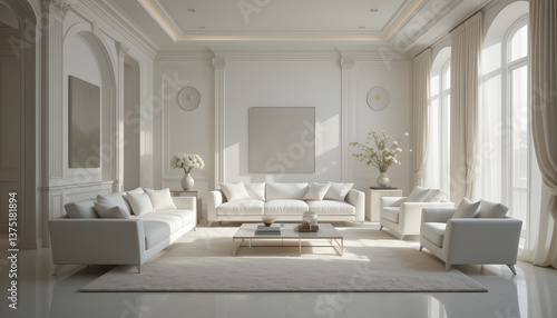 Sunlit Neoclassical Elegance: A Serene White Living Room Sanctuary