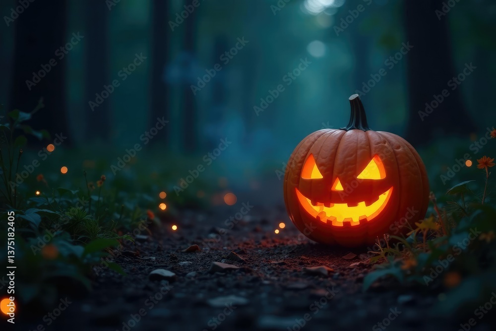 Carved pumpkin glowing softly in dark forest path, smoke, fireflies Carved pumpkin glowing softly in dark forest path, smoke, fireflies
