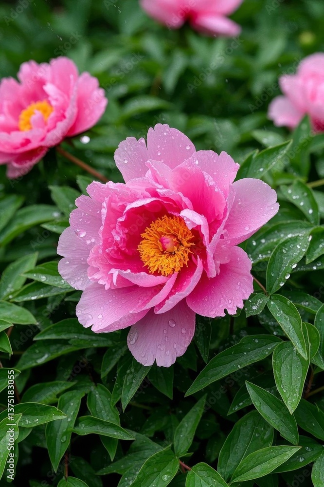 Obraz premium there is a pink flower with yellow center surrounded by green leaves