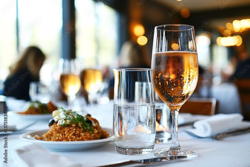 A table set for dining, featuring a plate of food, a glass of sparkling wine, and a water glass, creating an elegant atmosphere. A table set for dining, featuring a plate of food, a glass of sparkling wine, and a water glass, creating an elegant atmosphere.