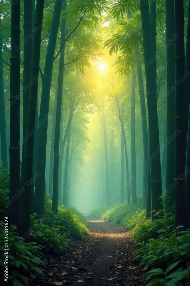 Obraz premium Misty bamboo forest at dawn with fog rolling in, mist, rolling, serene