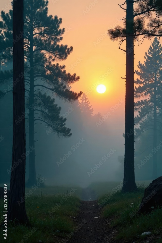 Fototapeta premium misty dawn over a pine tree forest with raindrops on the trees, scenery, misty dawns, forest