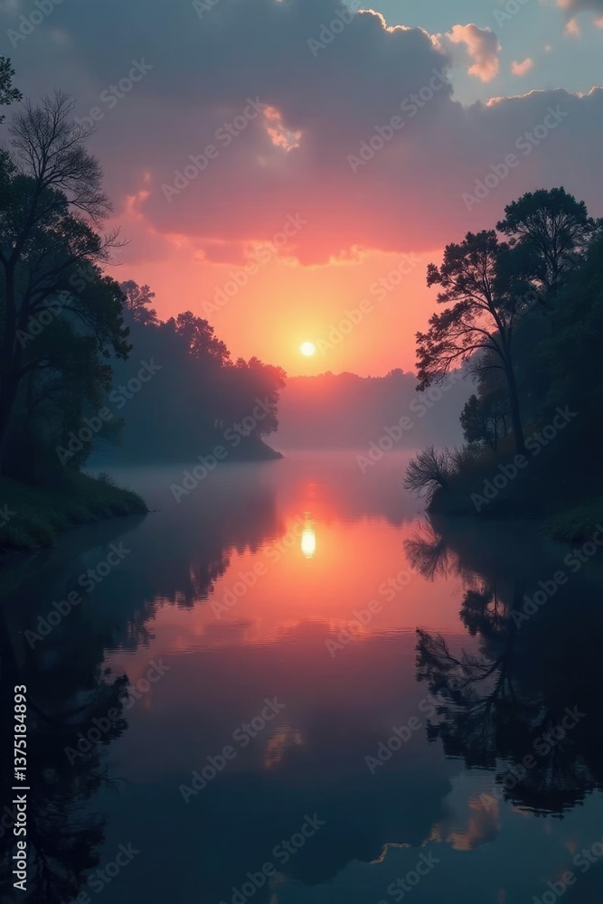 Naklejka premium Misty dawn over a serene river with darkening skies, nature, darkness