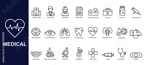 Set of Medical & Healthcare Line Icons – Doctor, Hospital, Pharmacy, Emergency