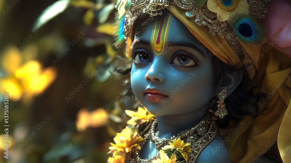 Close up portrait of a young krishna with blue skin and ornate headpiece Close up portrait of a young krishna with blue skin and ornate headpiece