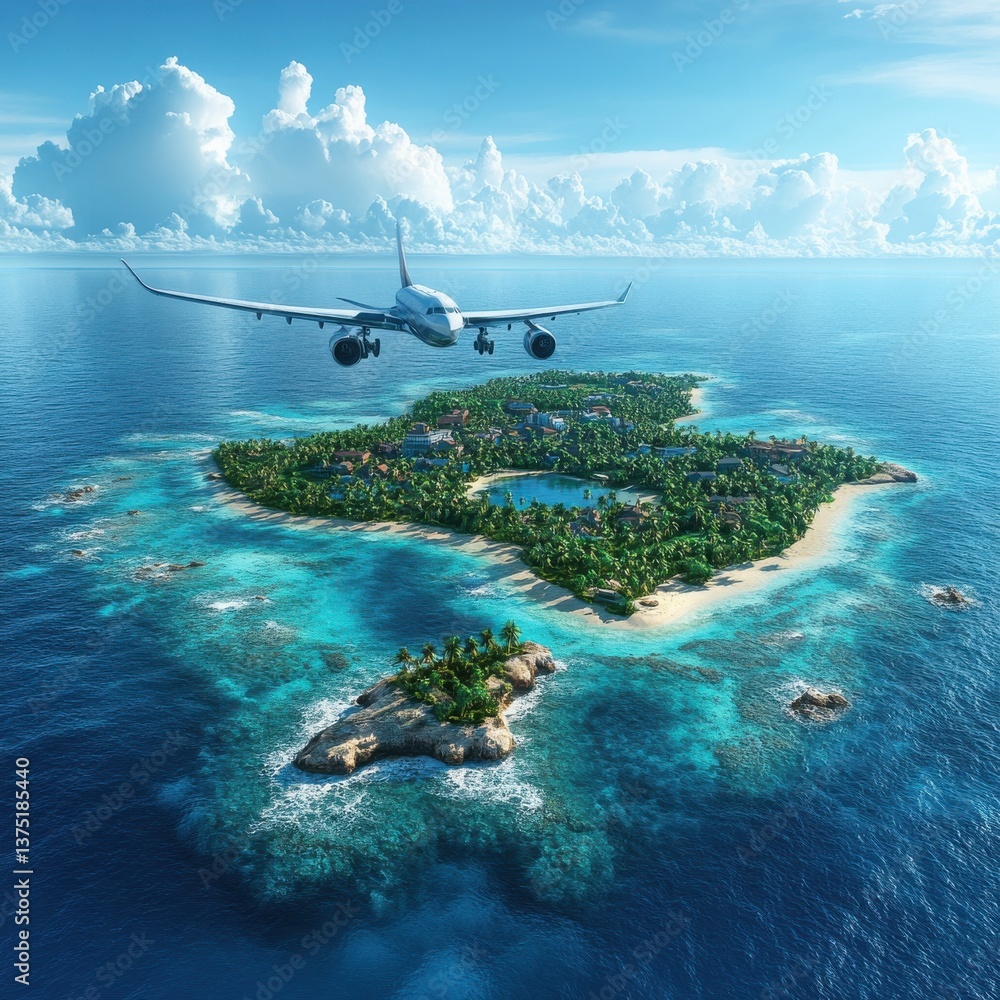 Naklejka premium Aerial view of an idyllic lush tropical island paradise surrounded by turquoise waters and white sandy beaches in the middle of the vast deep blue ocean
