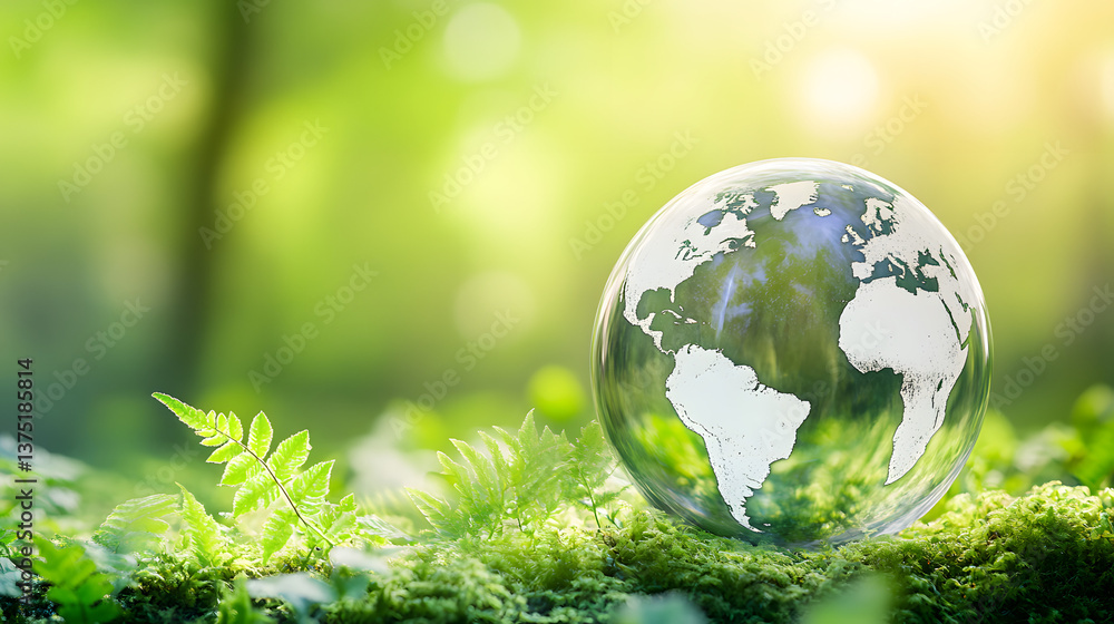 A glass globe with the world inside, sprouting green plants.
A glass globe with the world inside, sprouting green plants.