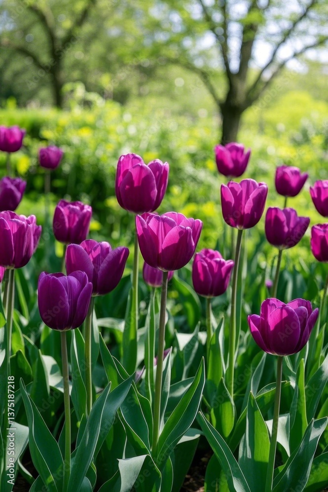 purple tulips in a field of green leaves and trees purple tulips in a field of green leaves and trees