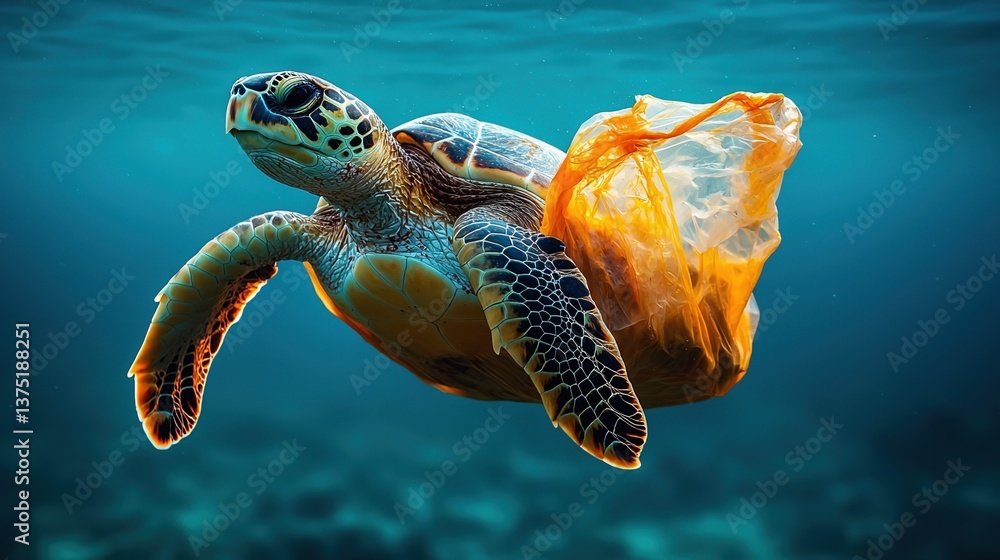 Obraz premium sea turtle swimming underwater entangled in plastic bag, highlighting environmental pollution