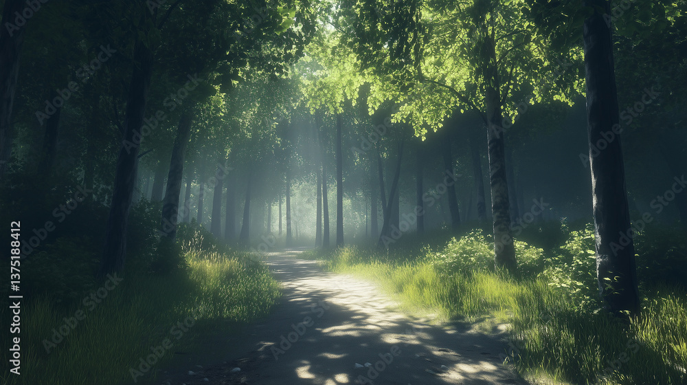 Obraz premium Sunlit Forest in Meadow Path with Wildflowers