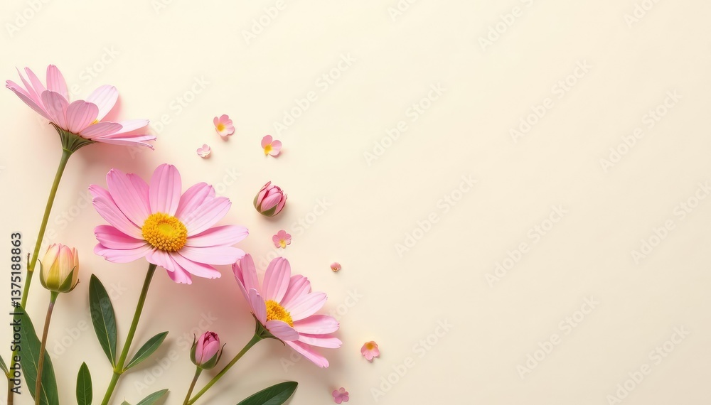Fototapeta premium Delicate pastel wildflowers on a soft cream background , romantic, nature, bloom