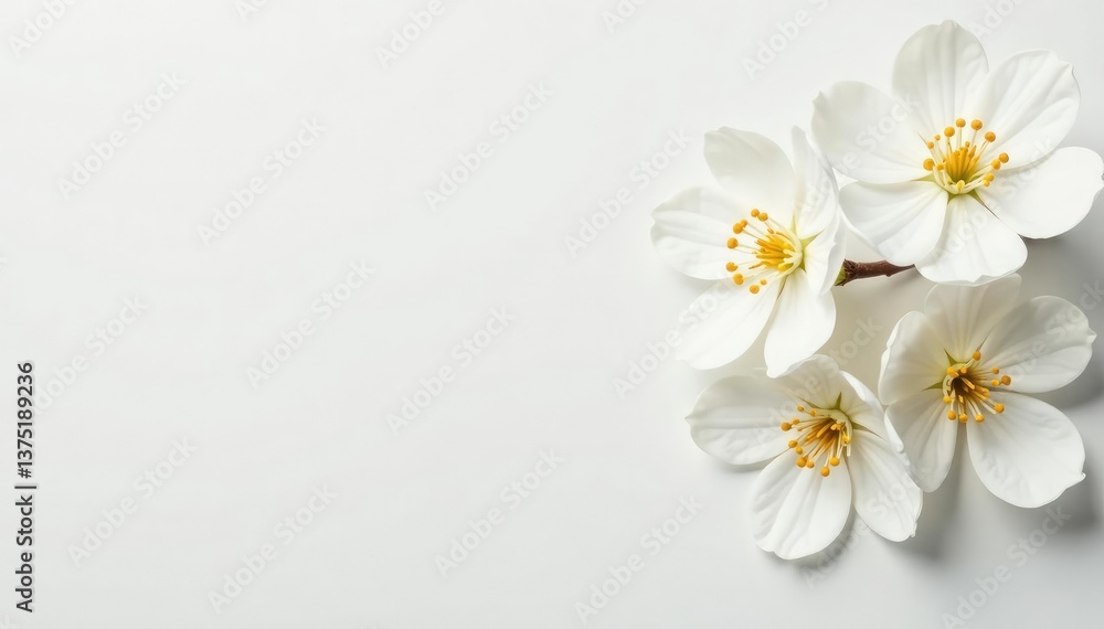 Delicate white blossoms against pure white backdrop, floral, macro, isolated