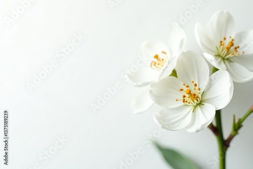 Delicate white flower blossoms against pure white backdrop, design, elegance, visual
