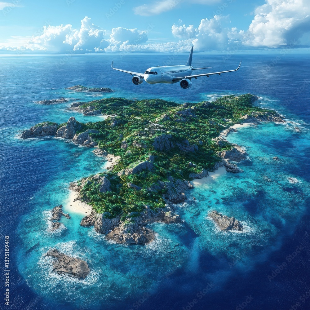 Naklejka premium Aerial view of a stunning tropical island paradise with crystal clear turquoise waters lush green vegetation and an airplane flying over the idyllic seascape scenery