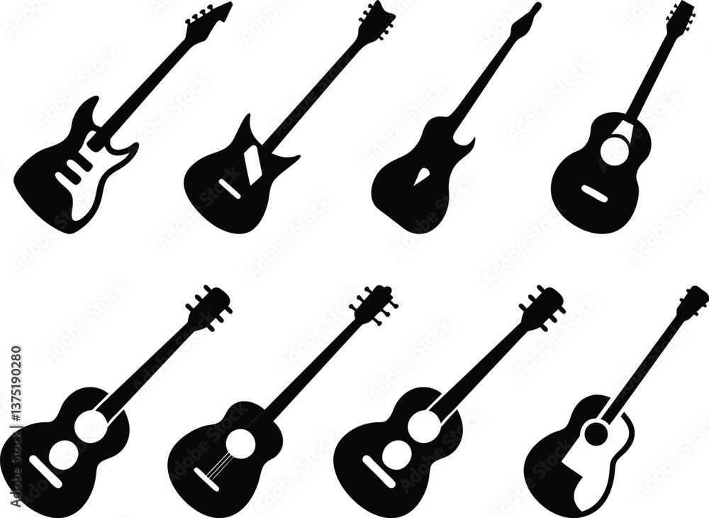 Fototapeta premium Set of Musical Instruments Icons Featuring Guitar, Bass, and More in Vector Style