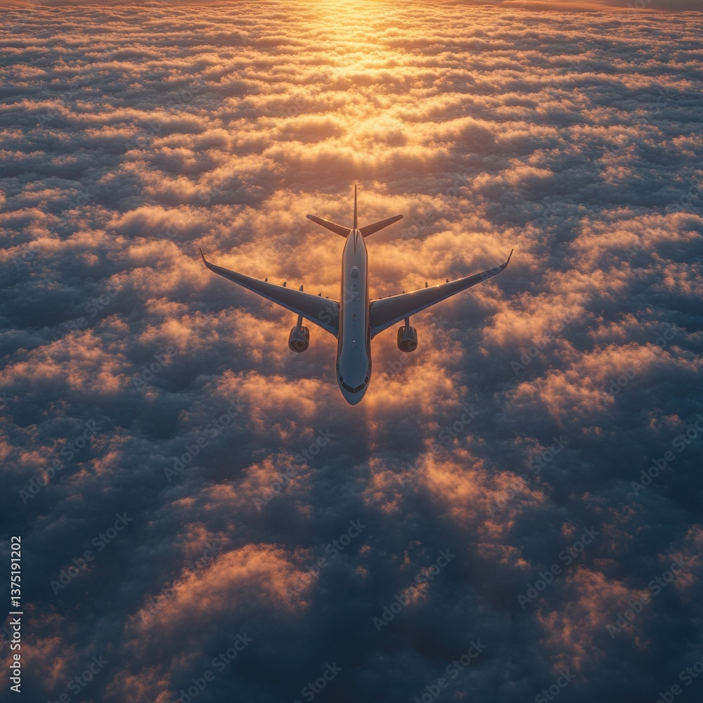 Naklejka premium aerial view of a commercial aircraft soaring through the sky at sunset silhouetted against a breathtaking backdrop of fluffy white clouds and a vibrant fiery horizon