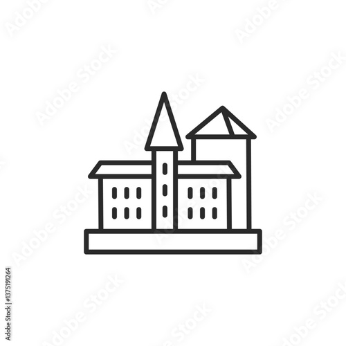 Medieval castle icon. Simplified representation of a historical castle with towering spires, symbolizing royal heritage, feudal history, architectural grandeur of the medieval era. Vector illustration