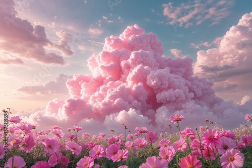 Stunning Pink Cloud Surrounded by Flowers in a Dreamy Sky Setting