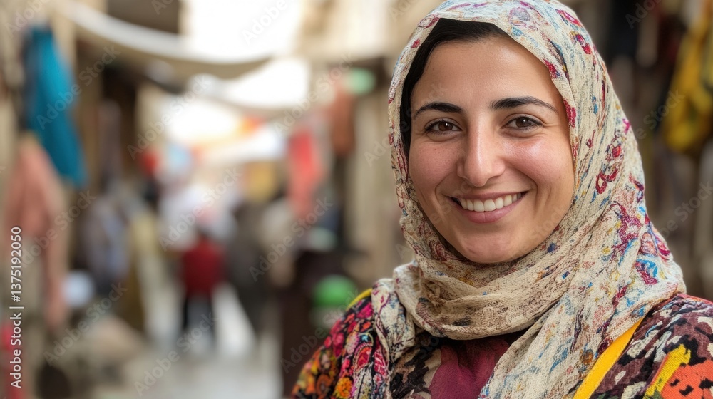 Smiling Woman in Traditional Dress at Ancient Souk Smiling Woman in Traditional Dress at Ancient Souk