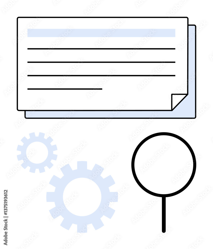 Document stack with lines as text, magnifying glass for search and research, and gears for workflow. Ideal for productivity, analytics, optimization, process, research management studies. Flat Document stack with lines as text, magnifying glass for search and research, and gears for workflow. Ideal for productivity, analytics, optimization, process, research management studies. Flat