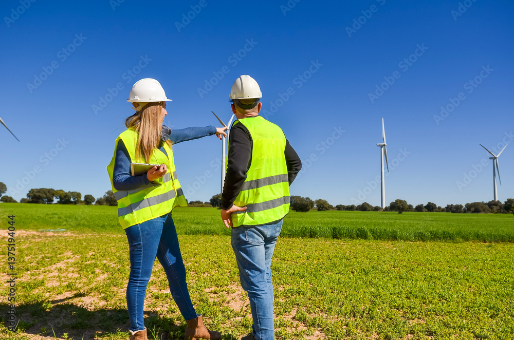 Engineers analyzing wind turbines in green field for renewable energy Engineers analyzing wind turbines in green field for renewable energy