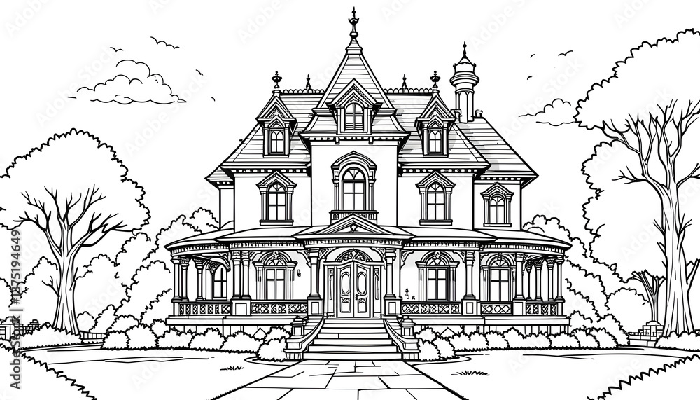 Fototapeta premium Grand Victorian Mansion: A Black and White Coloring Page Delight