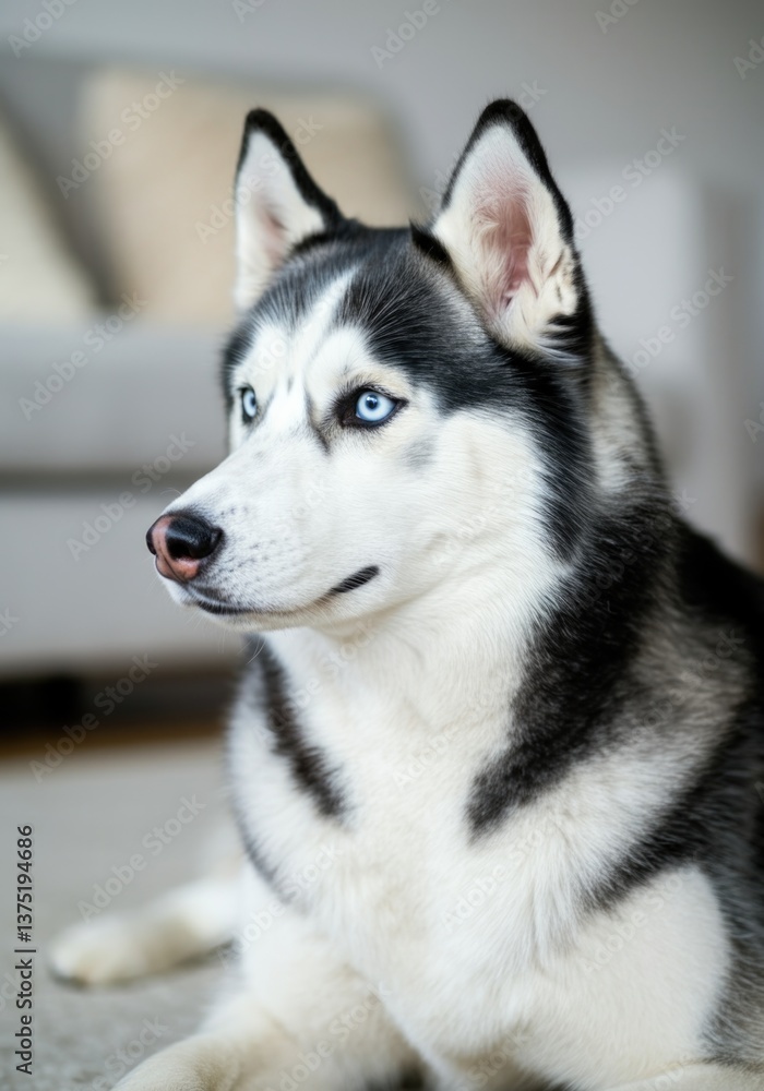 A close-up view of a Siberian Husky with striking blue eyes. The dog lies on a soft surface, showcasing its thick black and white fur. The background is softly blurred, creating a cozy atmosphere. A close-up view of a Siberian Husky with striking blue eyes. The dog lies on a soft surface, showcasing its thick black and white fur. The background is softly blurred, creating a cozy atmosphere.