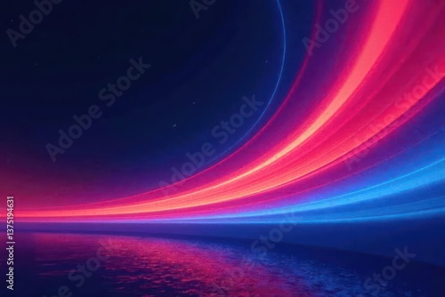 Abstract cosmic horizon with vibrant red and blue light streaks reflecting on a calm ocean surface