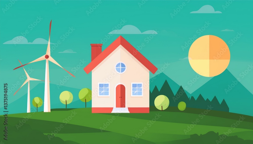 Naklejka premium Energy, minimalistic landscape with a house and a wind turbine