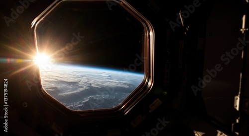 A view from a spacecraft window showcases a vibrant sunrise over Earth. The planet's curvature is visible, contrasted with the dark expanse of space. Soft clouds are illuminated by sunlight.