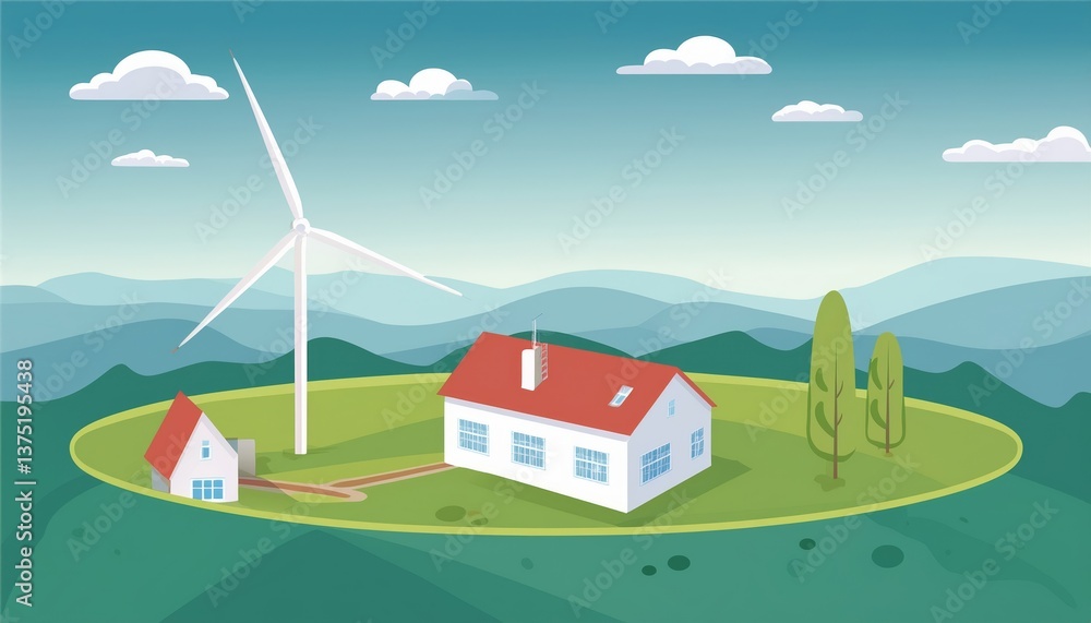 Naklejka premium Energy, minimalistic landscape with a house and a wind turbine