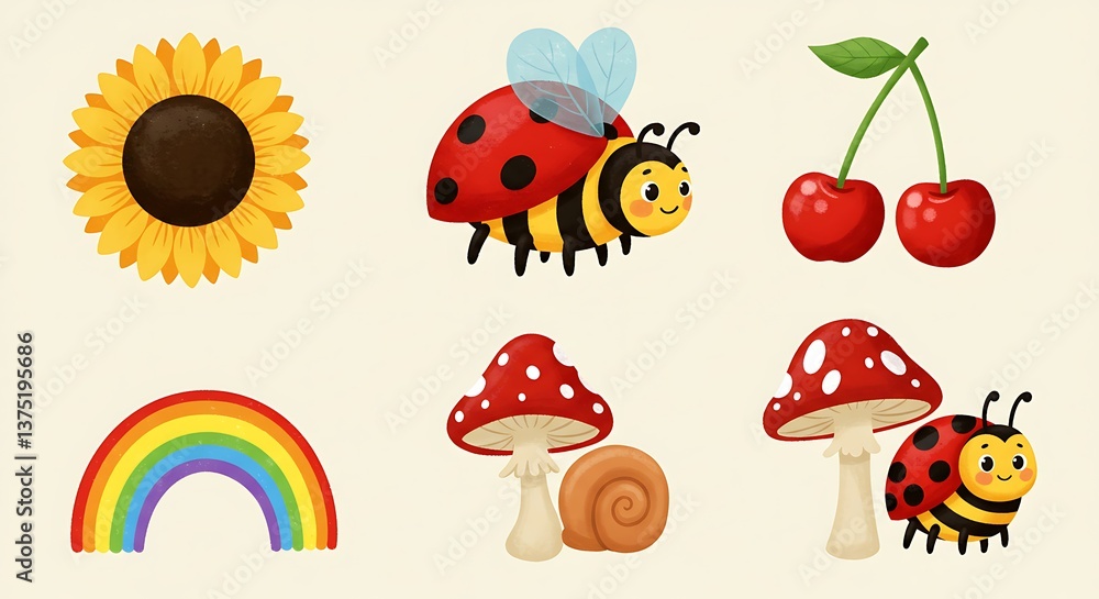Naklejka premium Charming Summertime Illustrations Vibrant Colors Cute Insects AI Generated