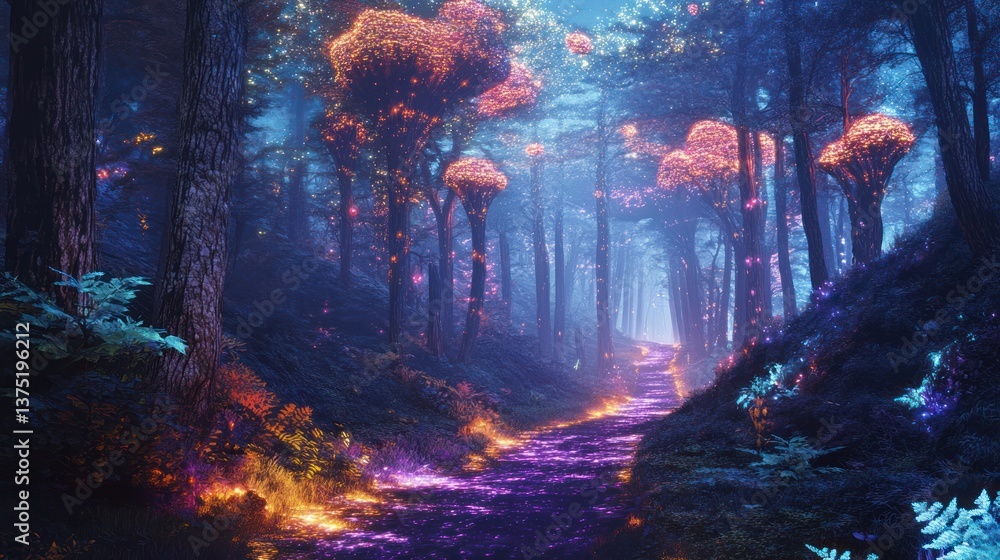 Fototapeta premium A magical forest path with luminous trees and vibrant colors is shown