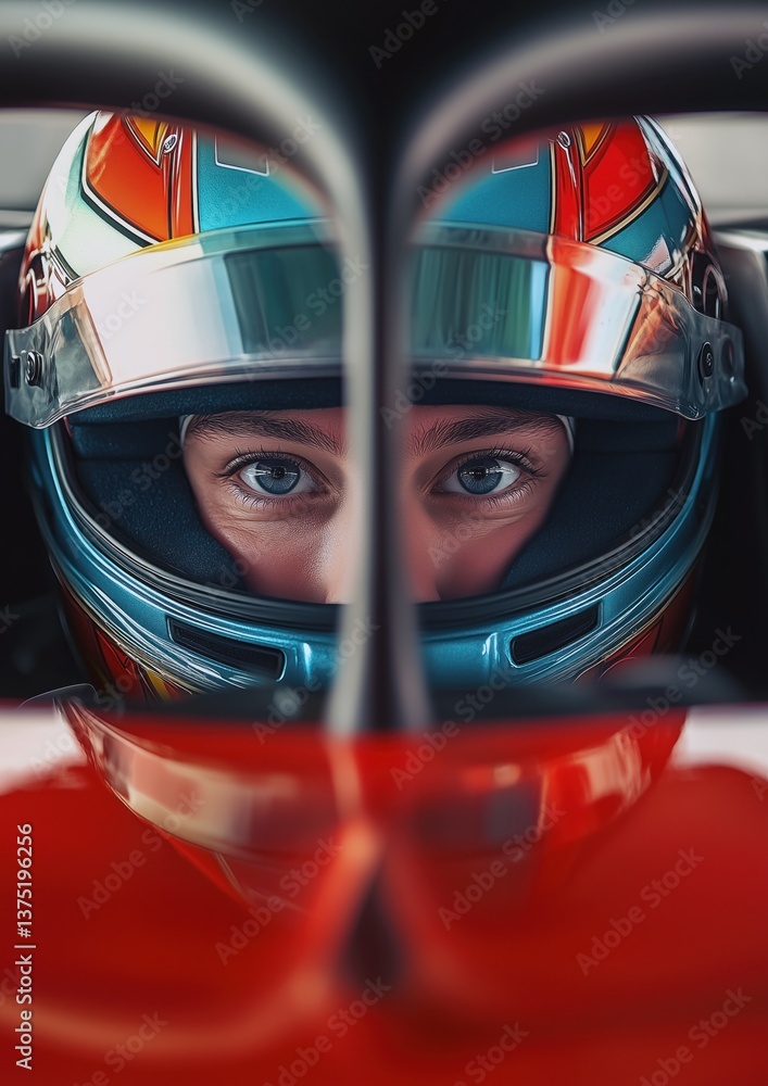 Le visage d'un pilote de course automobile en gros plan portant un casque coloré, assis dans une voiture rouge avec halo, le regard fixe, instant de concentration intense. Le visage d'un pilote de course automobile en gros plan portant un casque coloré, assis dans une voiture rouge avec halo, le regard fixe, instant de concentration intense.