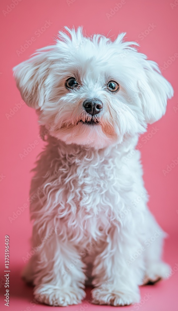 Adorable Fluffy White Dog Posing Against a Pink Background Adorable Fluffy White Dog Posing Against a Pink Background